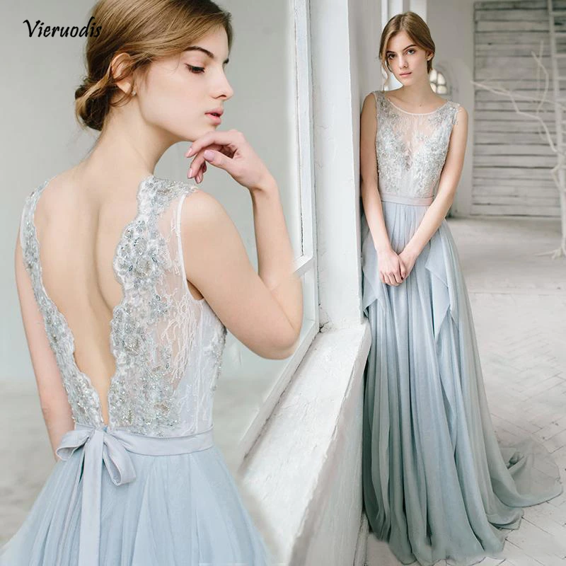 61-1          Charming 2016 Dusty Blue Chiffon Backless Bridesmaid Dresses Long Cheap Jewel Lace Beaded Sash Long Maid Of Honor Gowns Custom Made EN111511