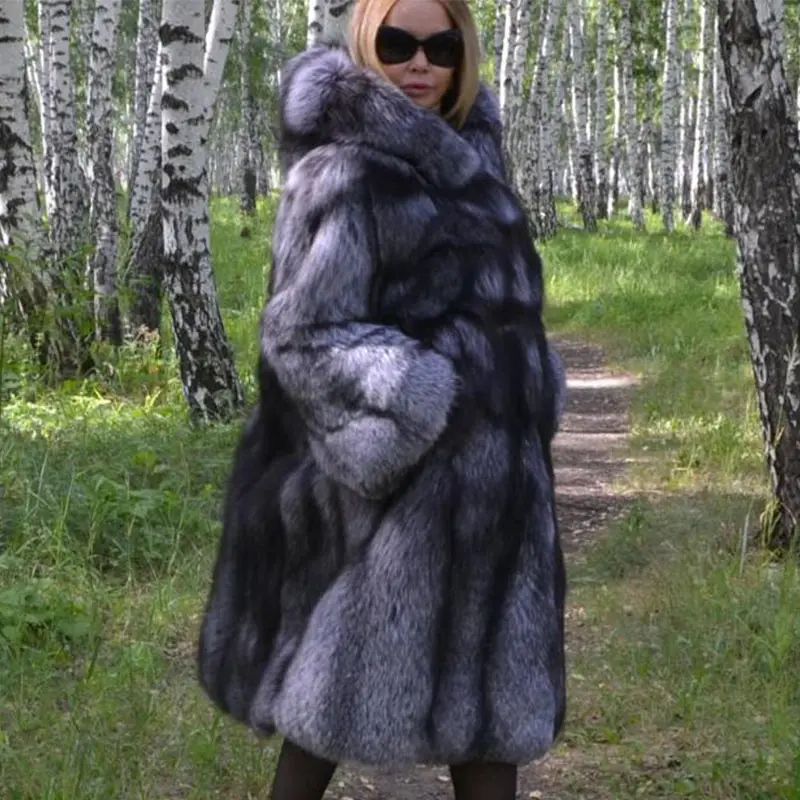 

Furealux Super Long Real Silver Fox Fur Coat With Hood For Female Thick Warm Winter Whole Skin Natural Fox Fur Coats Outerwear