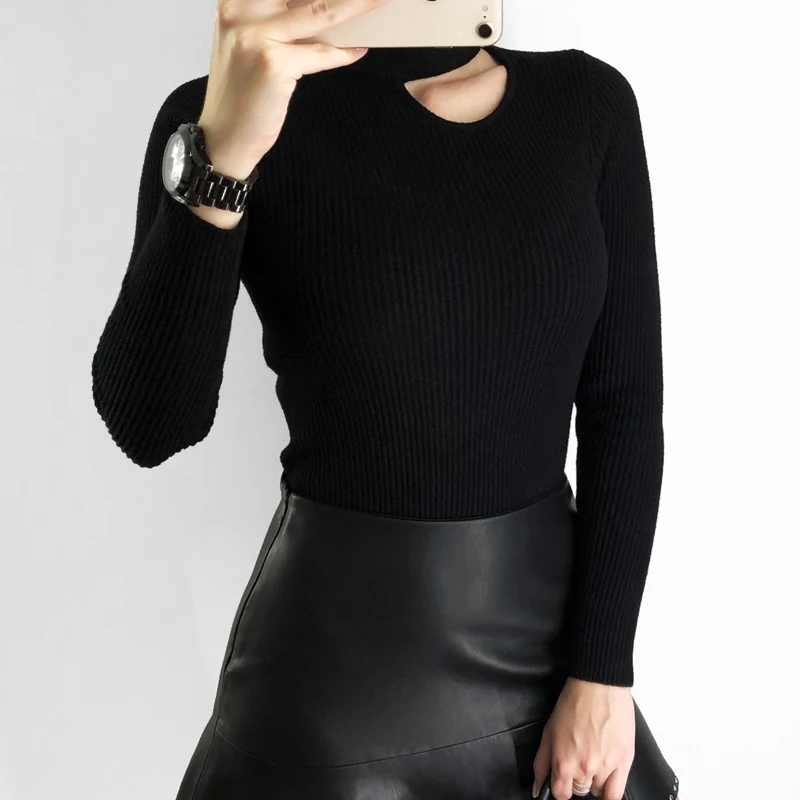 2019 spring casual solid color sweater female high collar Slim long-sleeved exposed collarbone | Женская одежда