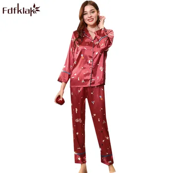 

Fdfklak High Grade New Pyjamas Women Silk Satin Pijama Set Long Sleeve Spring Autumn Pajamas Sets Home Wear Pijama Feminino