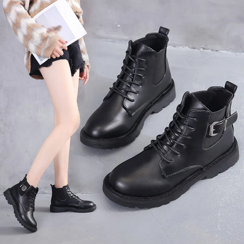 

Buckle Strap Boots Women British Style Round Toe Thick Heel Student Lace-Up Single Boot PU Leather Shoes Woman chaussures femme