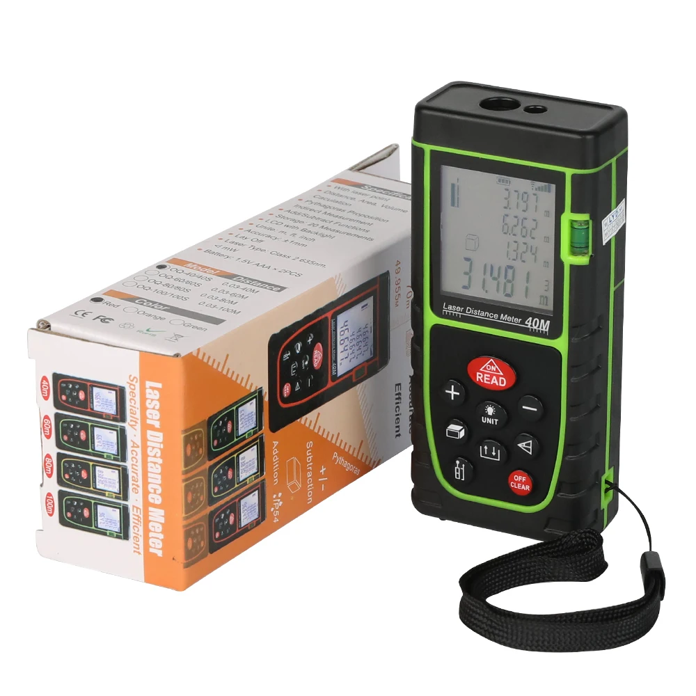 Neue ankunft grün 40 mt-100 M hohe präzision handheld laser-entfernungsmesser maßband laser-entfernungsmesser mit bequem hand seil Neue ankunft grün 40 mt-100 M hohe präzision handheld laser-entfernungsmesser maßband laser-entfernungsmesser mit bequem hand seil