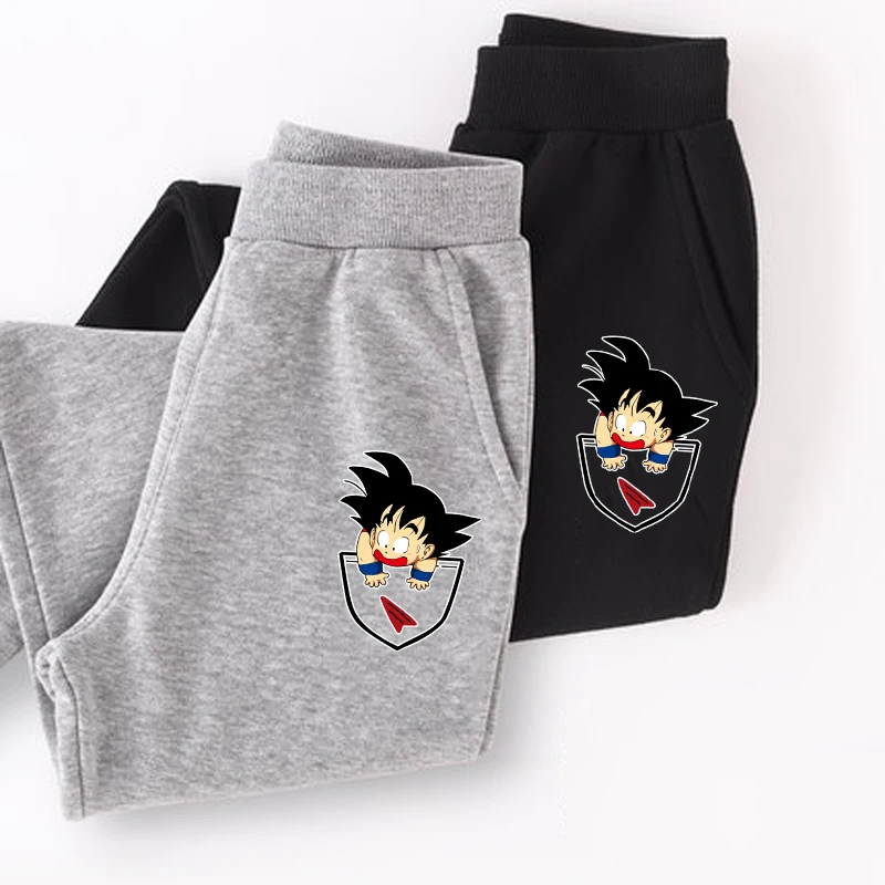 

Funny Goku Pocket Sweatpants Boy's Dragon Ball Font Trousers Kids Cotton Spring Winter Long pants Optional Black Plus Velvet