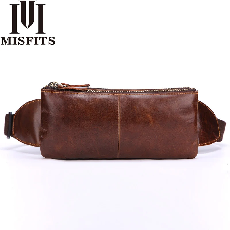 

MISFITS Genuine Leather Men Waist Packs Vintage Fanny Pack Multifunctional Casual Belt Bag Phone Pouch Male Travel Organizer Bag