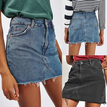 

2019 New Summer Solid Color Denim Empire Skirt Women's High Waist Casual A-Line Denim Distressed Bodycon Short Jean Skirt #C