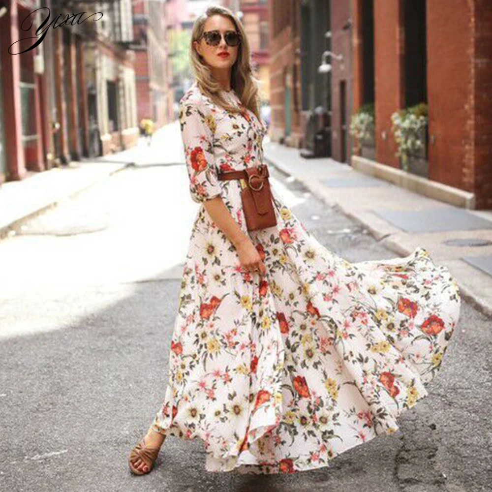 Vestido bohemio Floral de verano para mujer, vestidos largos informales  elegantes de gasa con cuello redondo, para playa|Vestidos| - AliExpress