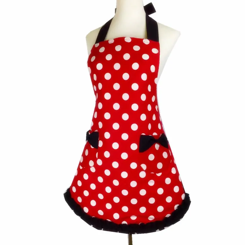 XiuMood Cute Black Lace Red White Dots Kitchen Cooking Aprons For Women