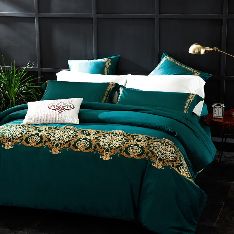 Waliicorners 60SEgyptian Cotton Embroidered Luxury Royal Bedding Set 4/6Pcs King Queen Size Duvet Cover Bed Sheet set Decorative Pillowcases 32 13