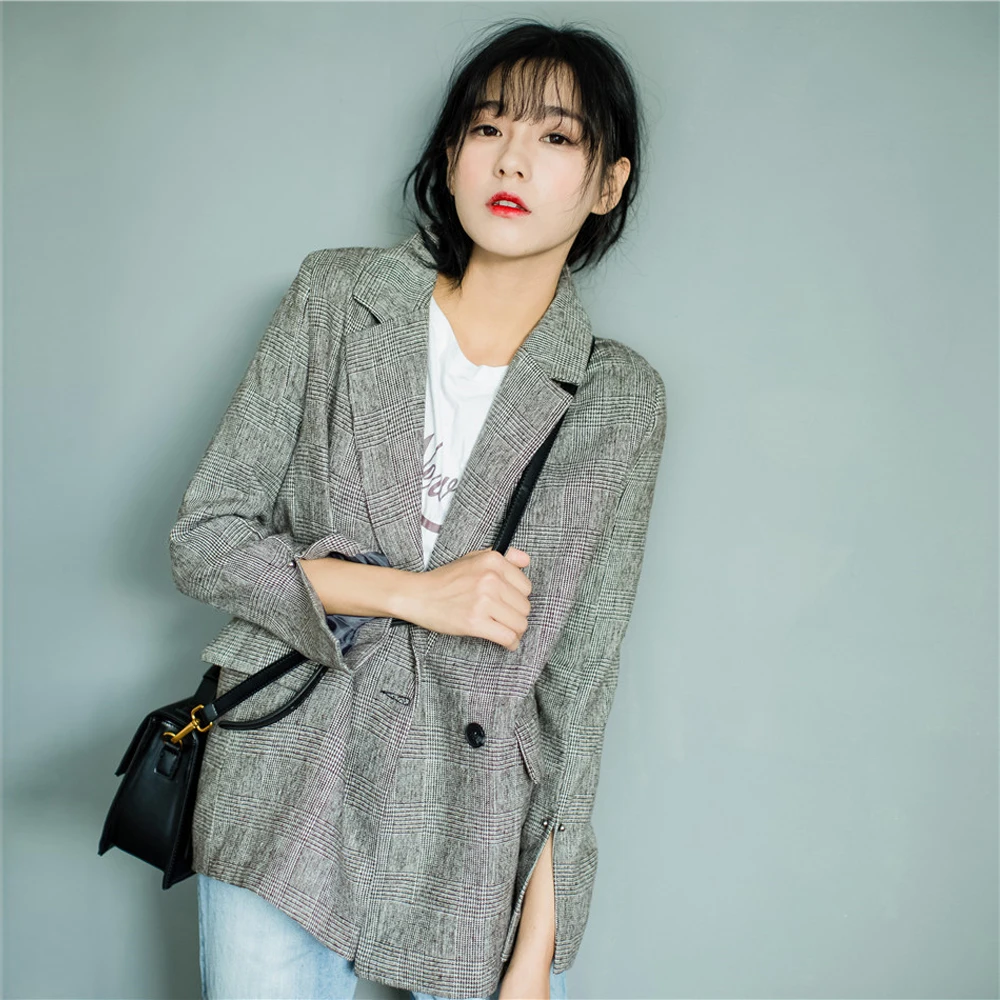 

Suit jacket Women 2019 spring and summer England slit sleeves small Slim thin Crude fabric Vintage Bouble Breasted Plaid Blazer