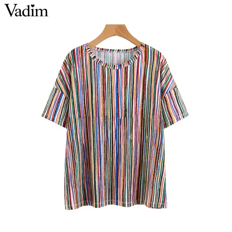 

Vadim women stylish loose colorful striped blouses O neck short sleeve shirts female casual stylish cozy tops DA306