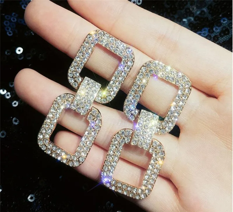 

SexeMara Fashion Long Geometric Drop Earrings Luxury Gold Silver Color Rectangle Rhinestone Earring for Women Party Jewelry Gift