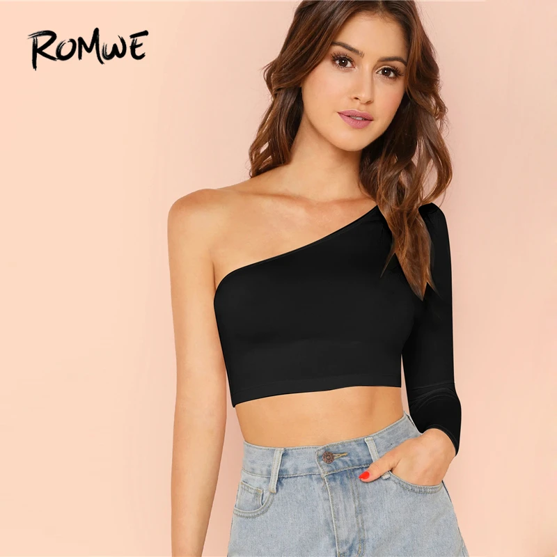 

ROMWE One Shoulder Crop Tee 2019 Sexy Sleeveless Female Black Solid Slim Fit Tops Chic Basic Women Clothing Summer T Shirt