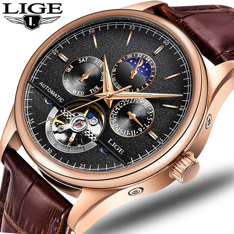 

LIGE 2019 New Men Full-automatic Mechanical Watch Tourbillon Luxury Fashion Brand Genuine Leather Man Multifunctional Watches