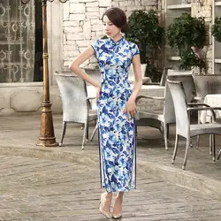 Шанхай история китайский Винтаж Стиль дамы атласные длинное платье Qipao новые летние Печатных Cheongsam элегантный тонкий платье с цветочным