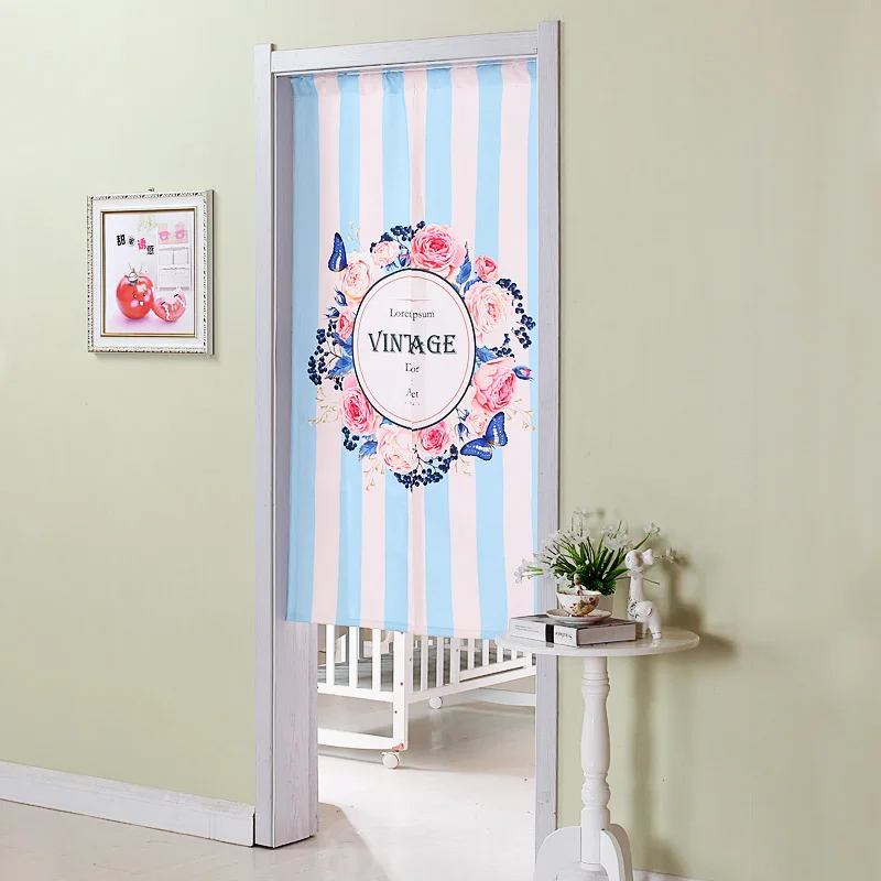 

2017 New Door Curtain Blue Stripe Vintage Flower Wreath Living Room Door Bedroom Kitchen Doors Curtains Fabric Tube Curtain AA31