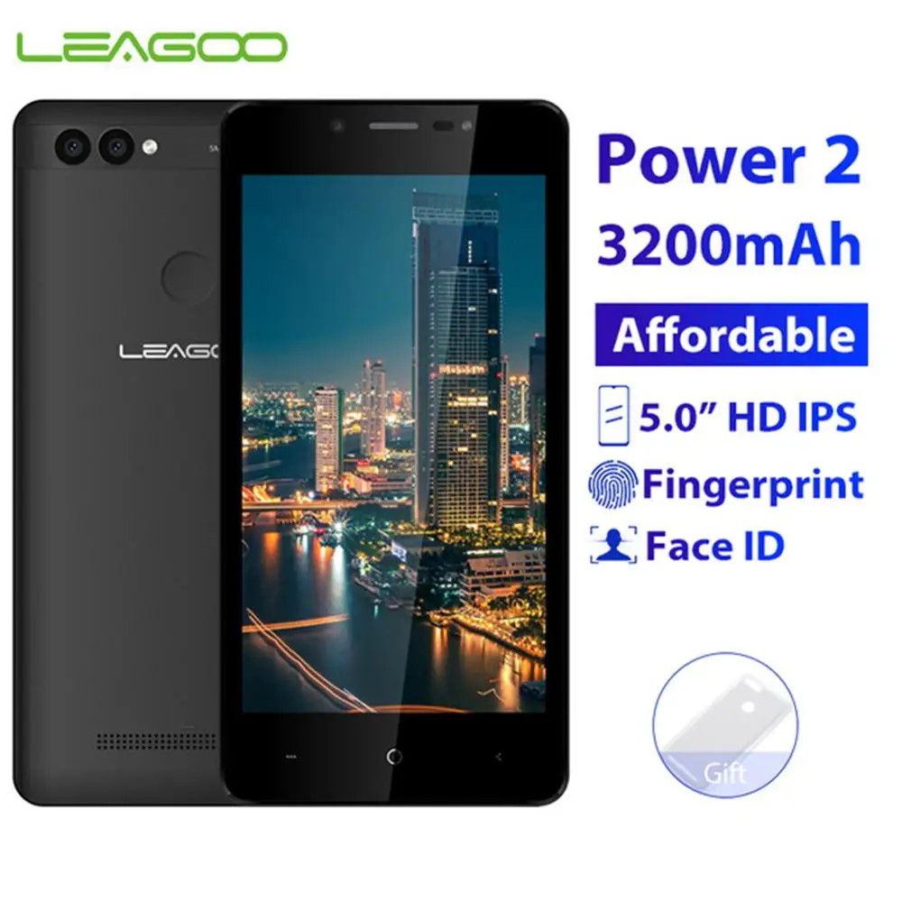 LEAGOO POWER 2 мобильный телефон 2 Гб ОЗУ 16 Гб ПЗУ Android 8,1 5,0 "HD ips MT6580A четырехъядерный двойной камеры отпечатков пальцев ID 3g смартфон