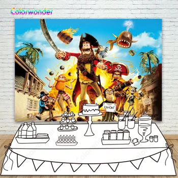 

Cartoon Pirate Captain with Crew Robbing the Ancient Small Town Background Photography Blue Sky with Hot Fire Backdrop for Kids