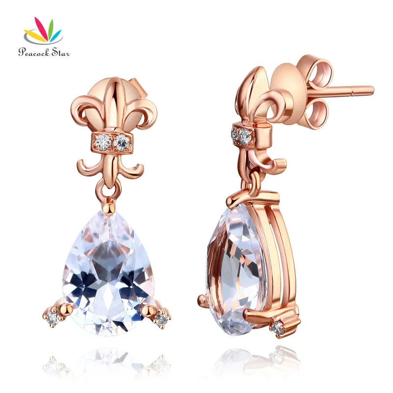 

Peacock Star Dangle 14K Rose Gold 3.5 Ct Clear Pear Topaz Earrings Natural 0.07 Ct Diamonds