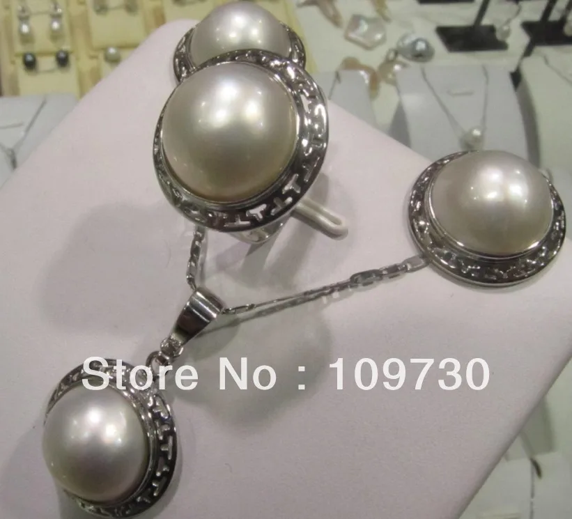 

Jewelry 00123 SET OF 20MM HUGE GENUINE SOUTH SEA NATURAL WHITE MABE PEARL EARRING RING PENDANT