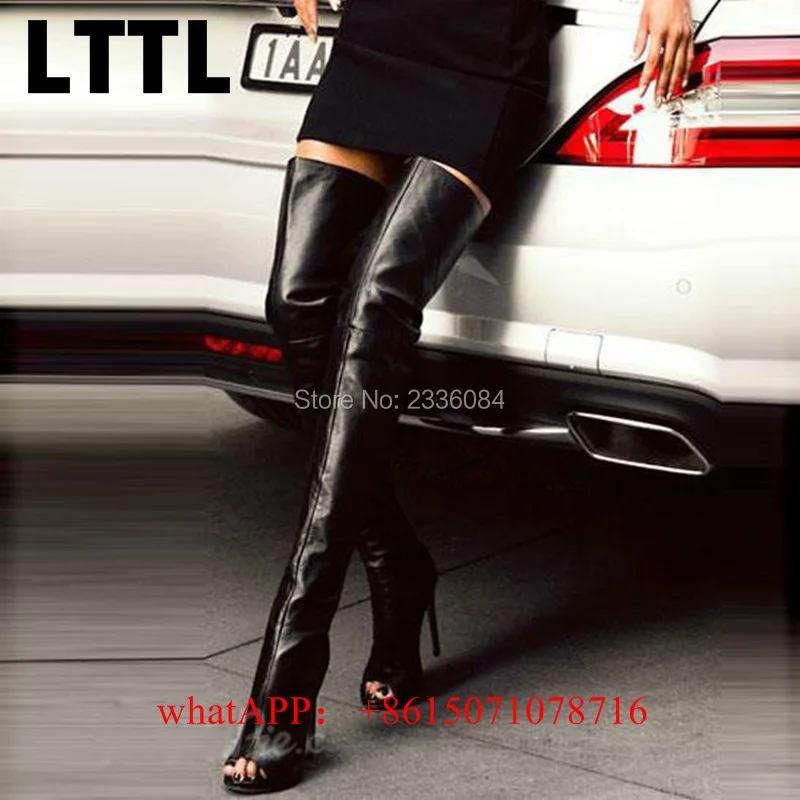 

2018 New Arrival Black Sexy Peep Toe Stiletto Heel Thigh High Boots Slim Women Open Toe Over The Knee Gladiator High Heel Boots