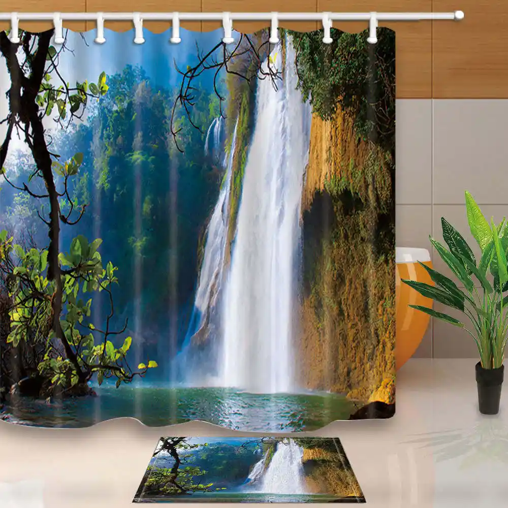 Forest Waterfall Scene Shower Curtain Set Waterproof Fabric Bathroom w//12 Hooks