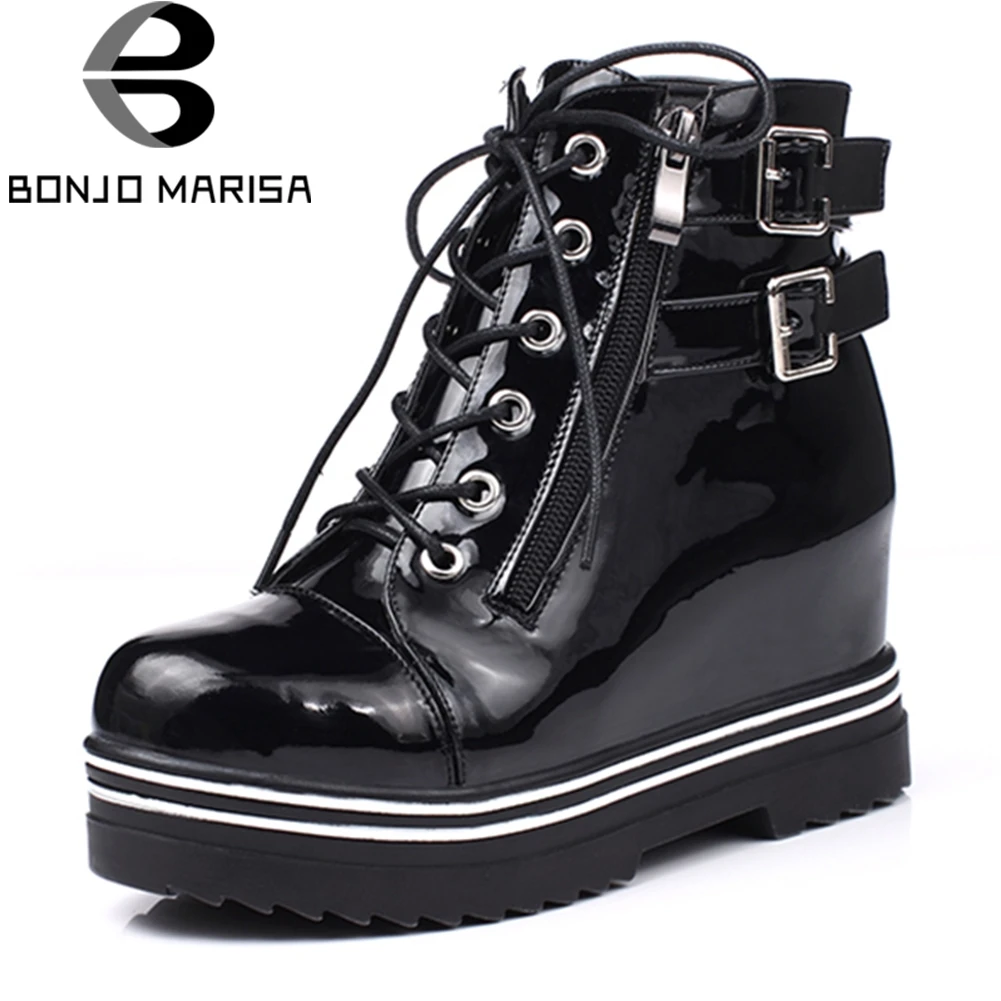 

BONJOMARISA 2019 Autumn Winter New Large Size 33-43 Platform Motorcycle Booties Women Fur High Heels Shoes Woman Height Increase