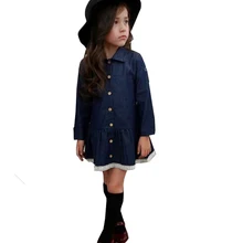 Джинсовое кружевное платье для девочек; коллекция года; детская одежда; Осенняя повседневная одежда для девочек; детское джинсовое платье с отложным воротником