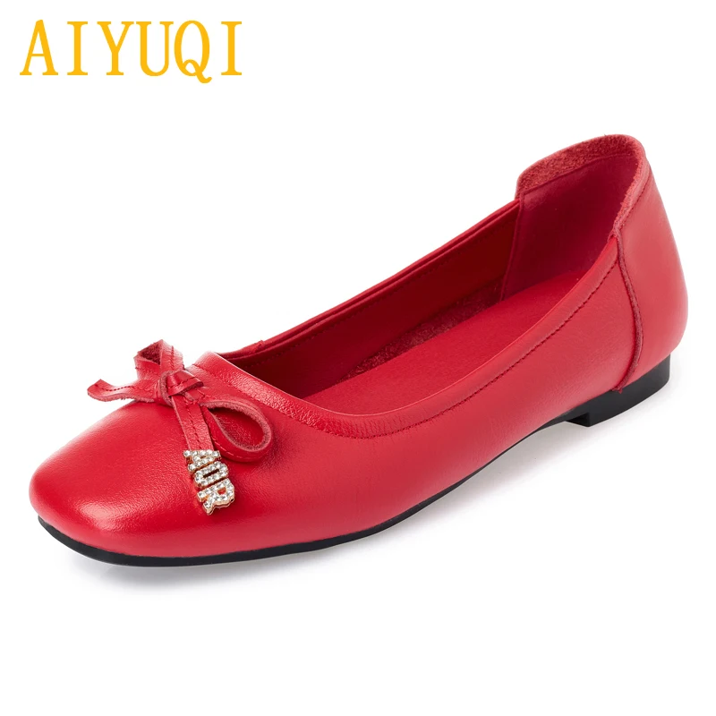

AIYUQI Women flat shoes 2020 spring new genuine leather women casual shoes , fashion big size 41 42 43 bow mother shoes