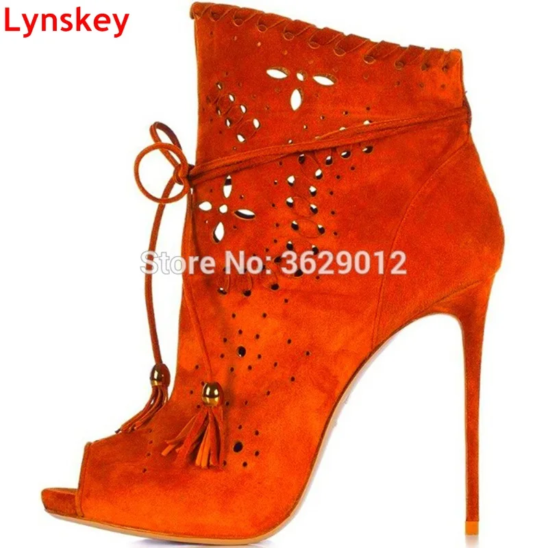 

Lynskey Fashion Lace Up Peep Toe High Heel Boots Hollow Out Thin Heel Fringe Boots Ankle Bootie Sapatos