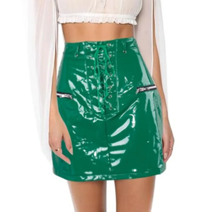 Abbille Autumn vintage zipper faux leather skirt Fashion streetwear metal button black pencil