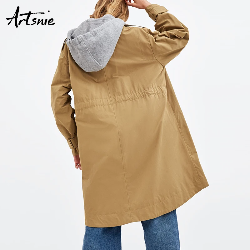 Feminino Hiver Casual Manteaux Longue 2018 Automne Tranchée Double Kaki Femme Manteau À Poches Femmes Khaki Capuchon Streetwear Artsnie qwaPvxp