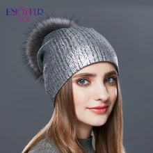 Enjoyfur Для женщин зимние Шапки для зимы Натуральный мех pom шапка вязаная толстые теплые модные шапочки женский Хорошее качество Hat