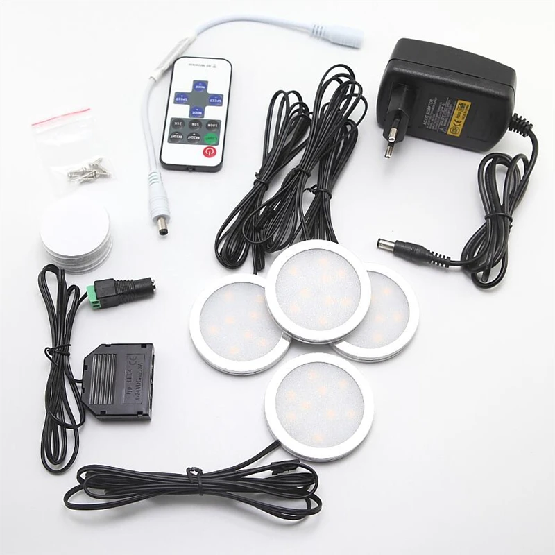 LED Under Cabinet Lighting Puck Lights Downlight Spotlights with Wireless RF Remote Control Dimmable for Furniture Lighting 4pcs