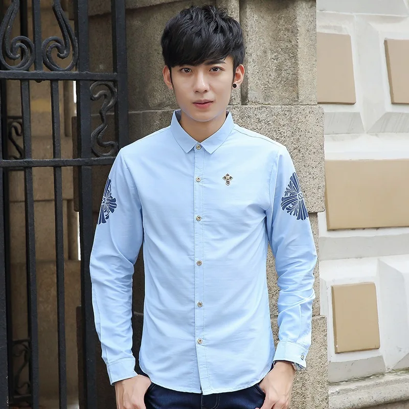 New Fashion Men Shirts Spring Casual Turn Down Collar Cotton Tops Long ...