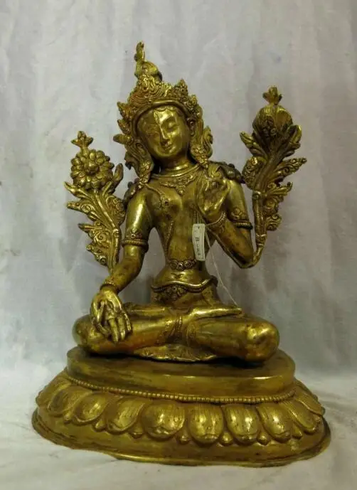 

S6354 11" Tibet gilt bronze Buddhism lotus flower White Tara buddha Sculpture Statue D0318