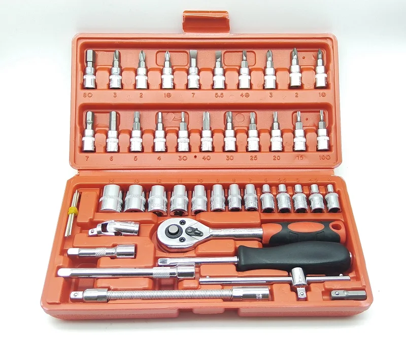 

New 46pcs 1/4-Inch Socket Set Car Repair Tool Ratchet Set Torque Wrench Combination Bit a set of keys Chrome Vanadium
