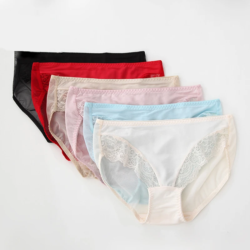 

3Pieces/Lot Natural Silk Female Seamless Sexy Underwear Cool Lace Breathable Middle Waist Underpant Ladies Raise Buttocks Briefs