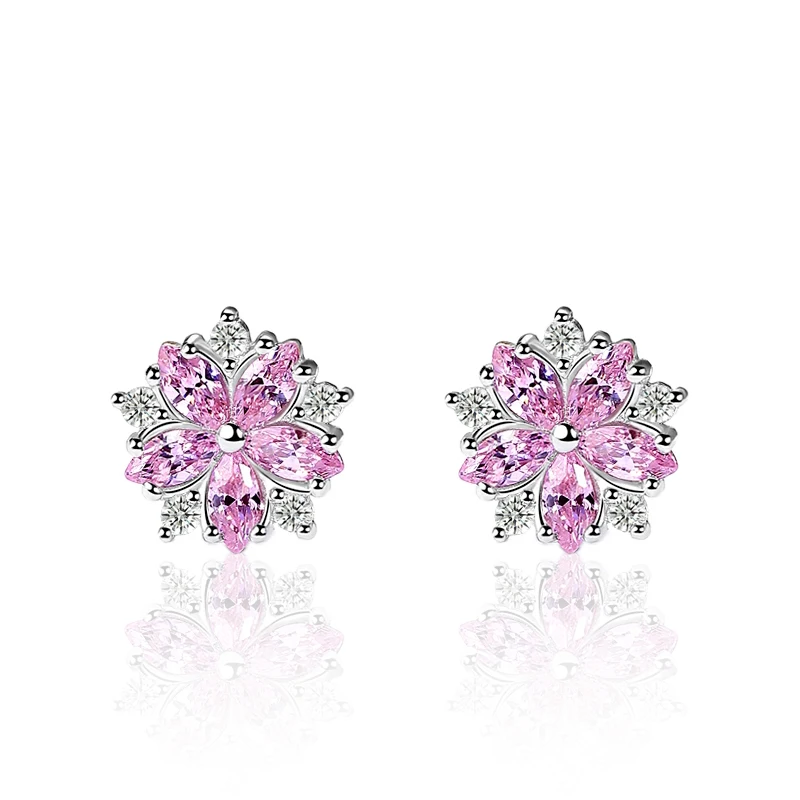 Shining Zircon 925 Sterling Silver Cherry Blossoms Flowers Stud Earrings Fine Jewelry For Women Sweet Romantic Engagement Gift  (1)