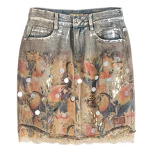 Летняя модная повседневная женская джинсовая юбка с принтом и горячей штамповкой, рваные джинсовые юбки с блестками и кисточками, кружевные лоскутные джинсовые юбки для женщин