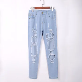 

hole ripped jeans fashion women pants cool denim vintage straight jeans girl mid waist casual pants female boyfriend light blue