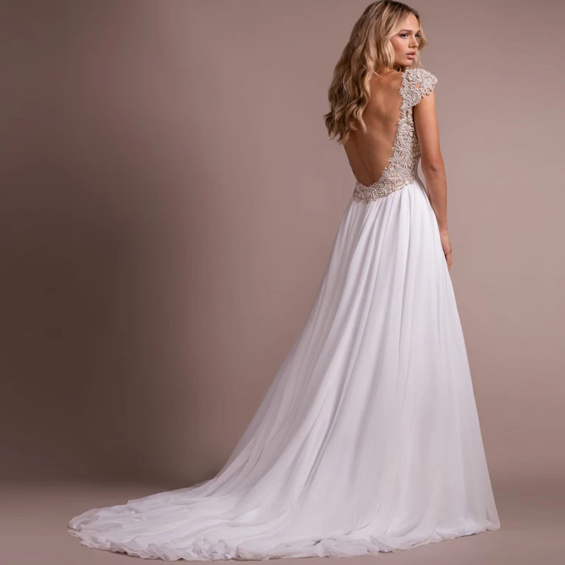 

Sexy Wedding Dresses 2019 A-line Beaded Backless Floor Length Bridal Wedding Gown Custom Make Wedding Gown vestido de noiva