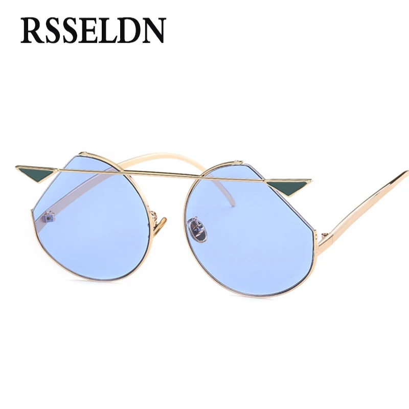 

RSSELDN Cat Eye Sunglasses Women Blue Green Yellow Ocean Vintage Round Sunglasses Men Metal Vintage Retro UV400 Fashion