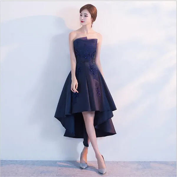 navy high low Новое короткое вечернее платье атласное без бретелек А-силуэта с аппликацией темно-синего цвета Vestidos Cerimonia Формальные платья выпускное платье купить Китай прямые - Цвет: navy high low