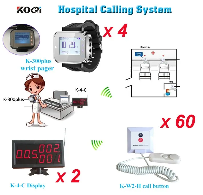 Больничная Беспроводная система вызова 2 дисплея 4 наручные часы-пейджер для медсестры 60 кнопок для пациента/пожилых людей использование 433,92 МГц