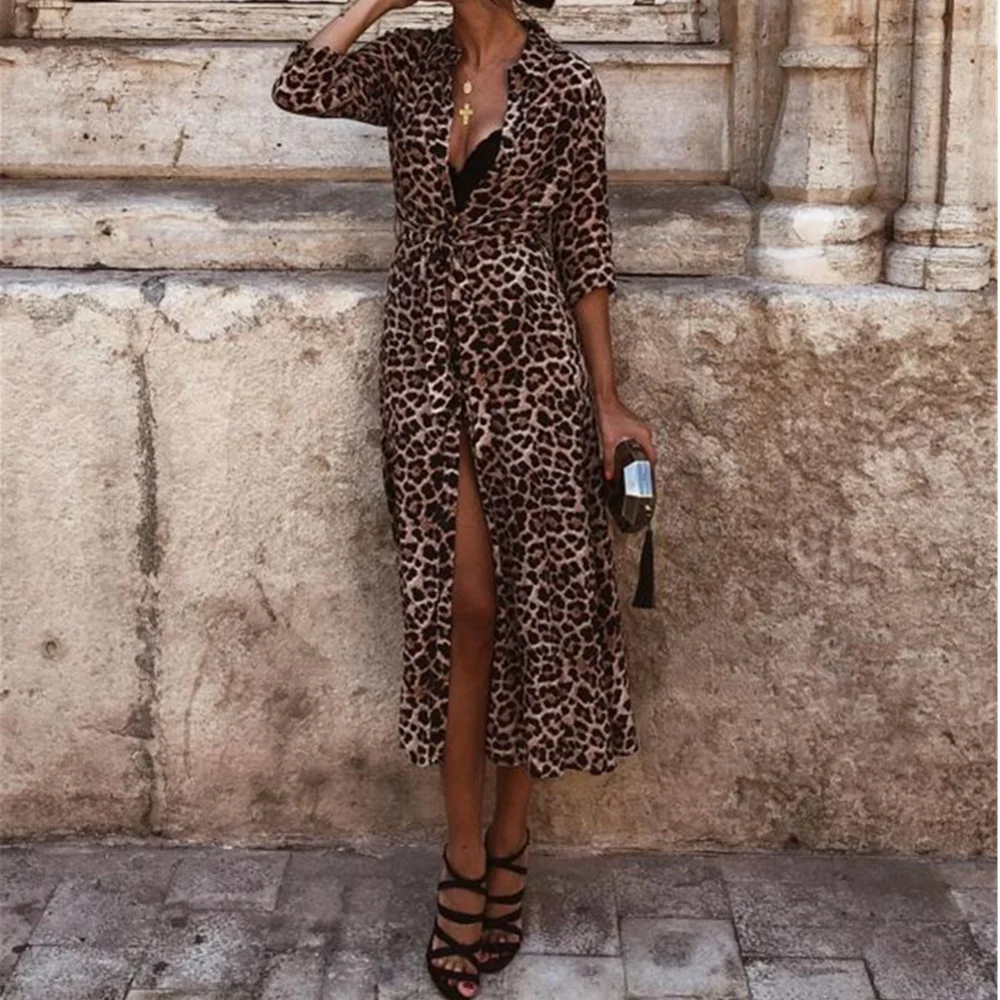 Vintage Sexy Summer Long Dress Women V-neck Leopard Floral Printing Dress Natural Asymmetrical Elegant Vestidos  Party Dress