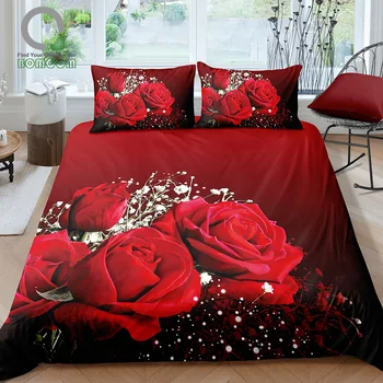 

BOMCOM 3D Digital Printing Close up Valentines Day Red Roses Bouquet Gypsophila Paniculata Wedding Bedding Set 100% Microfiber