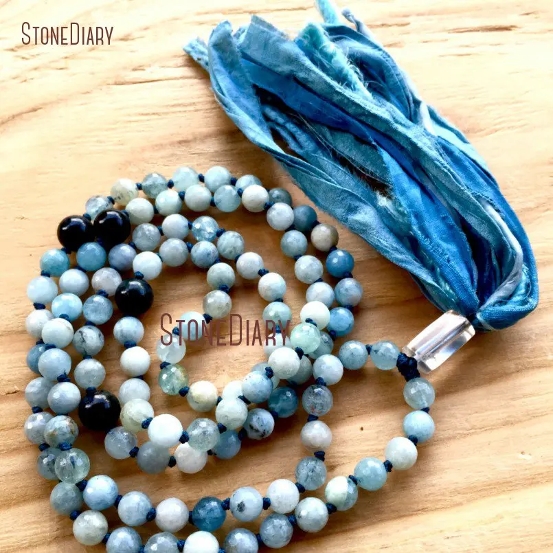 20180313-NM11092-Aquamarine Mala Beads, Blue Tiger Eye, Crystal Quartz , Silk Sari Tassel Necklace, Throat Chakra Yoga Beads , Aura Cleansing Beads