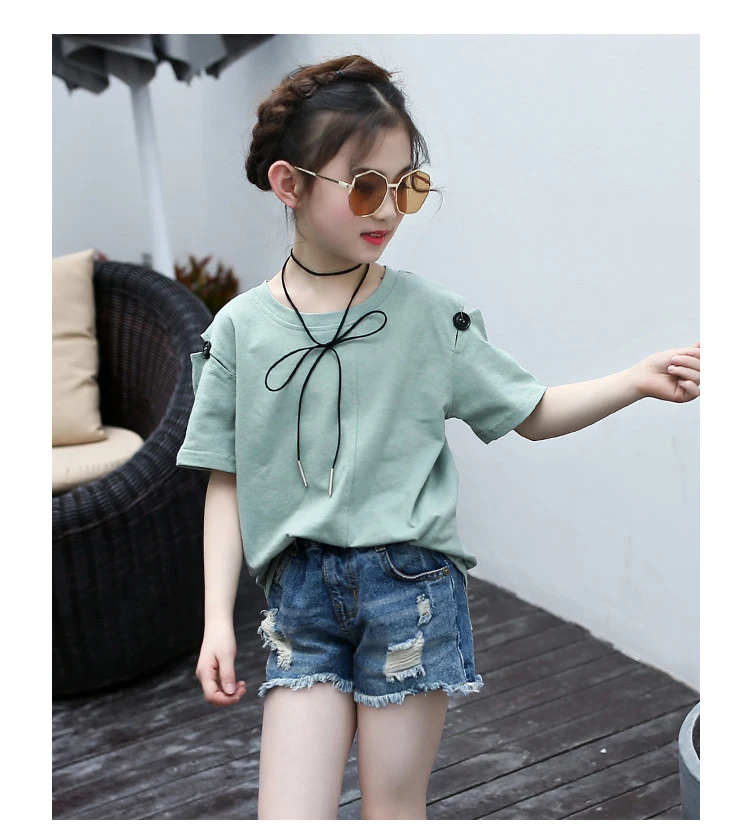 bow off shoulder cotton t shirt for girls kid 10 11 12 years clothes summer 2018 casual tees tops for baby big girls clothing (10)