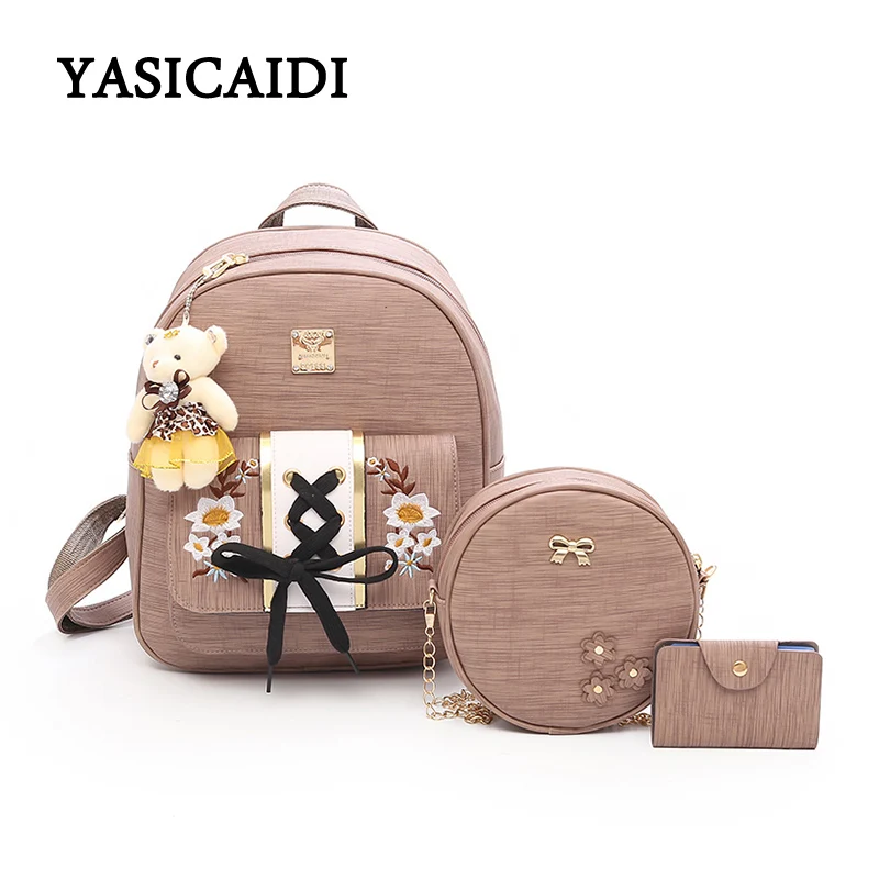 

Fashion Embroidery Backpack Women Pu Leather Back Pack Famous Brand School Bags for Girls sac a dos femme with Purse and Bear