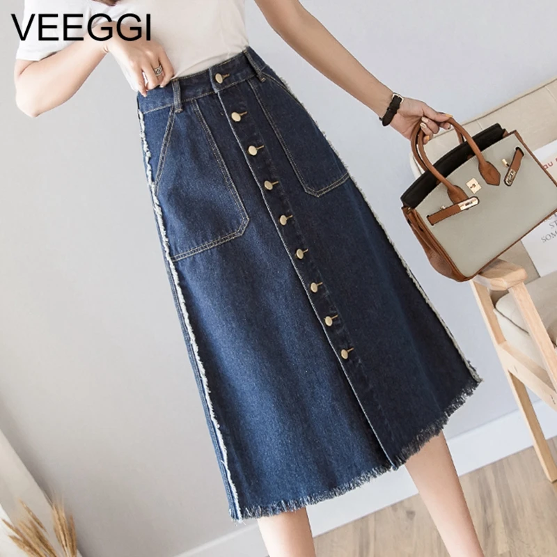 VEEGGI New Korean Denim Skirt Solid Natural Waist Midi Skirt Slim